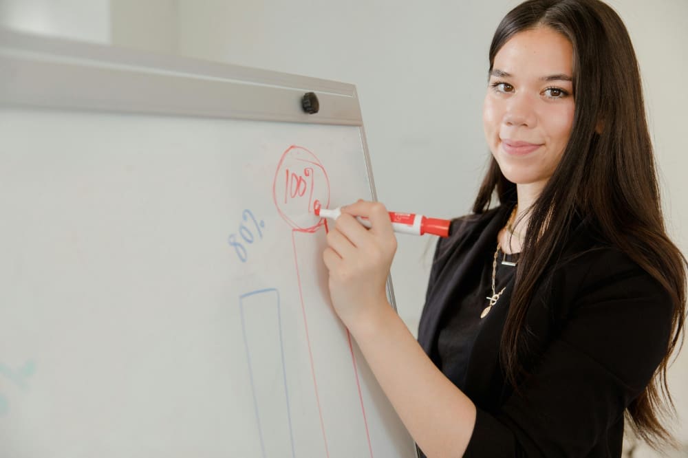 Business-stats Office worker standing at whiteboard, pointing marker at statistics.
