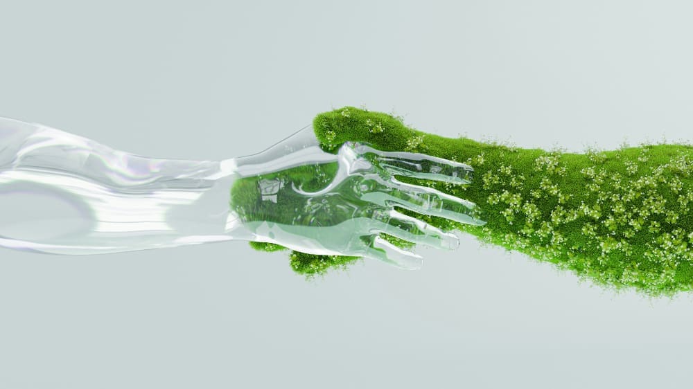 Green Agreement Animated image of one transparent hand shaking another hand covered in plants.