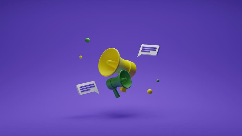 Animated image of green and yellow megaphones intertwined with purple background.
