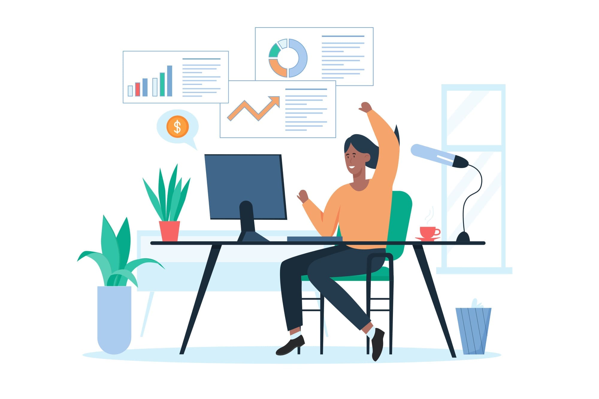 Graphical depiction of office worker sat at desk reacting positively to various business charts.
