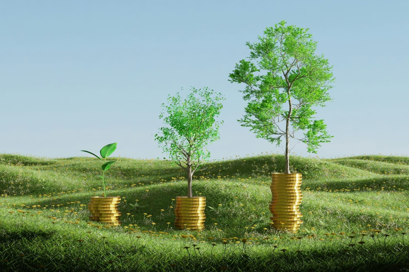 Three trees side by side, getting bigger from left to right, growing out of corresponding piles of gold coins.