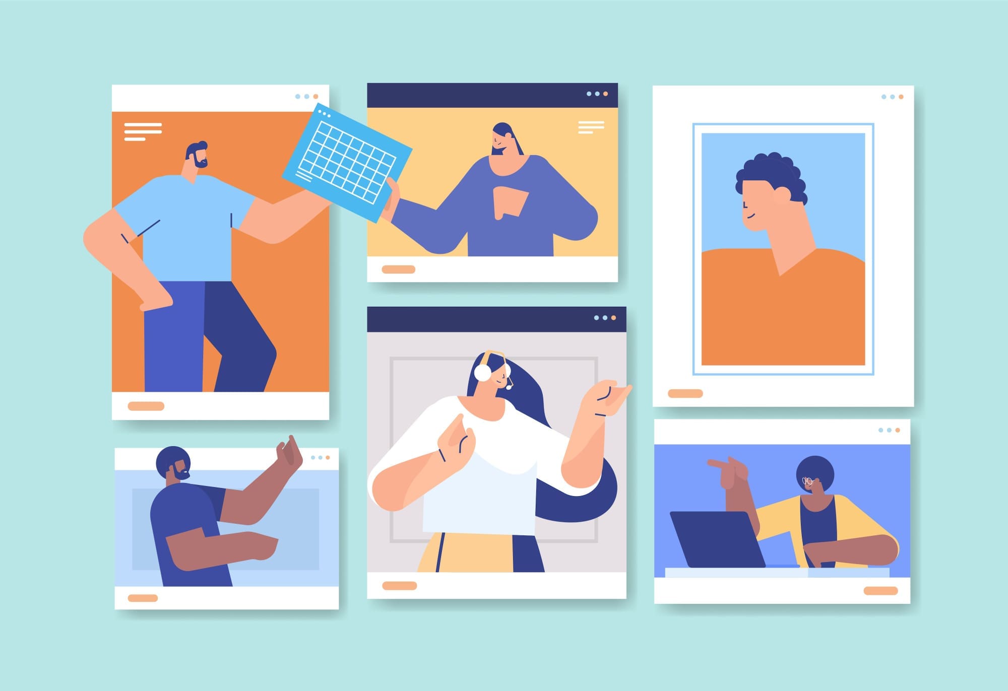 Employee Communication 2 Colorful graphic depicting multiple employees on their individual screens connecting remotely.