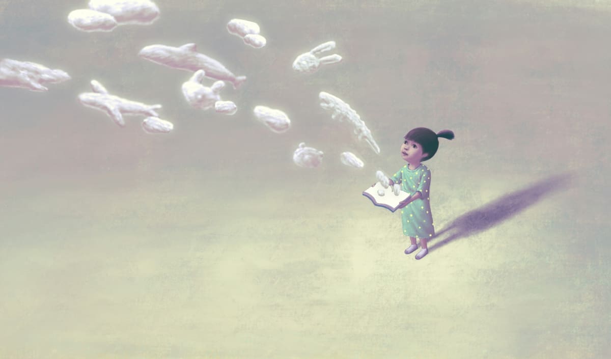 Magic book Cartoon depiction of young child holding open book with various animal shapes flying out of it.