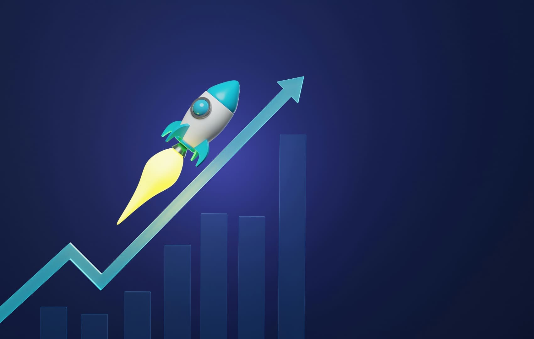 Rocket Graphical depiction of a rocket shooting upwards along an arrow towards the top of a business graph.
